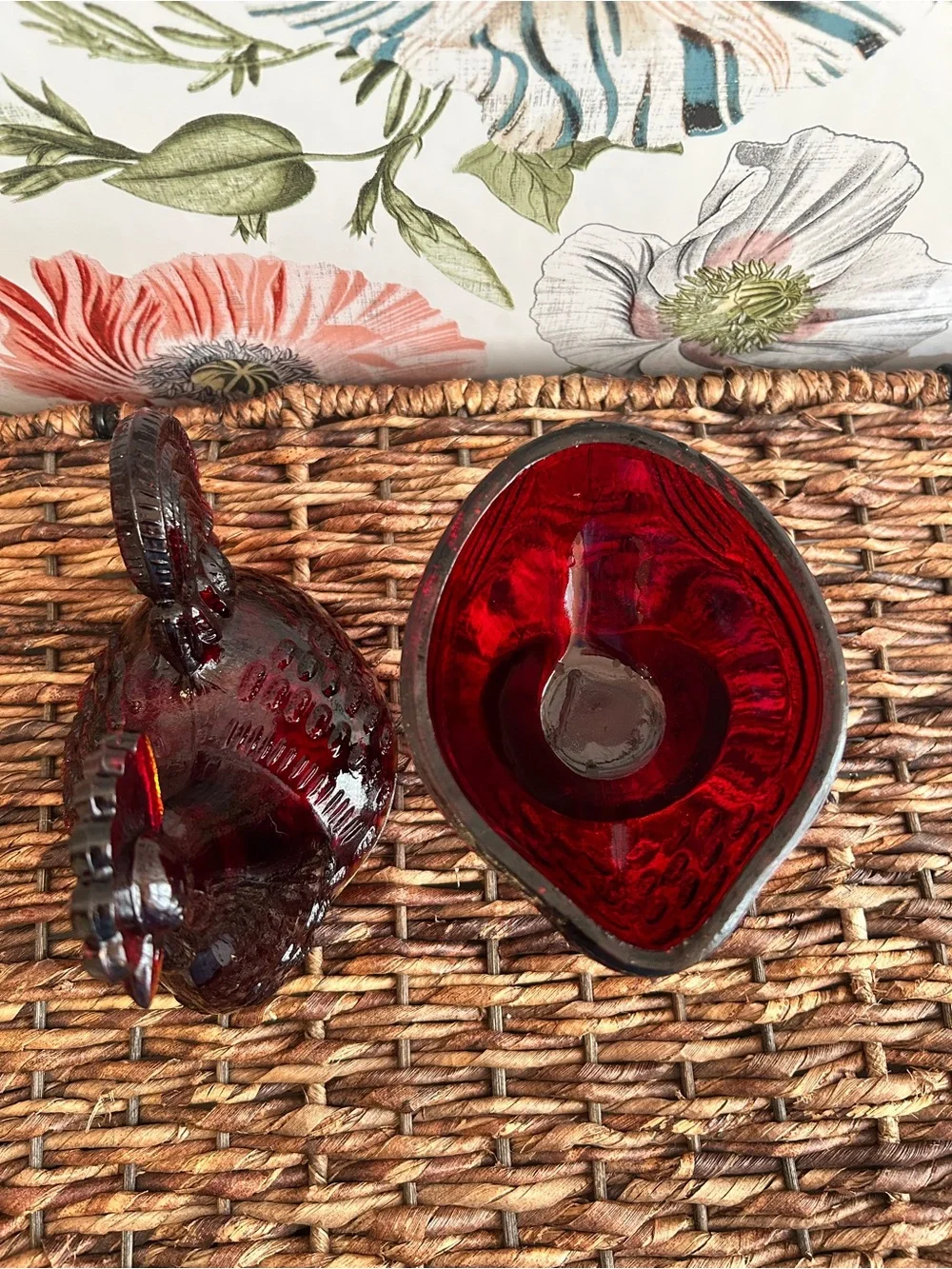Ruby Red Glass Rooster Covered Dish Farmhouse Kitchen Decor Candy Trinket Box